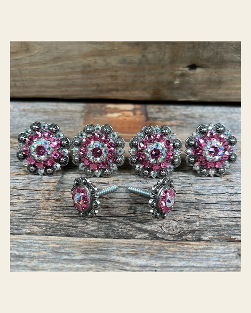 Antique Silver Pink & AB Saddle Conchos on a warm cream background