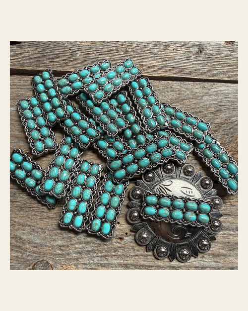 Antique Silver Rectangle Turquoise Concho W216 on a warm cream background