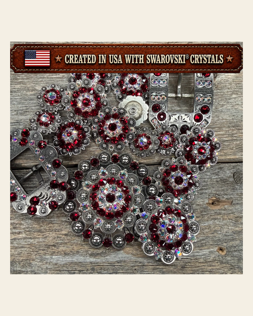 Antique Silver Ruby - AB Crystal Conchos | Sizes 1"- 3" | Buckles | Saddle Set | Leather Rosettes | Slide on a warm cream background