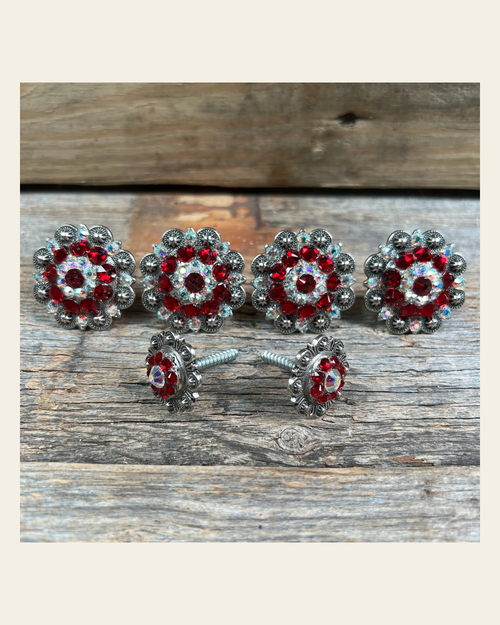 Antique Silver Ruby & AB Saddle Conchos on a warm cream background