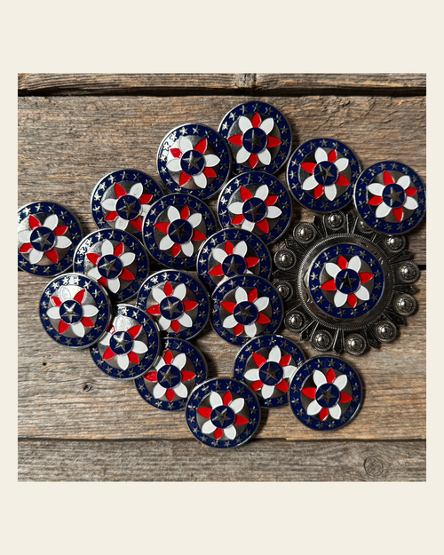 Antique Silver Red, White, and Blue Western Concho W274 on a warm cream background