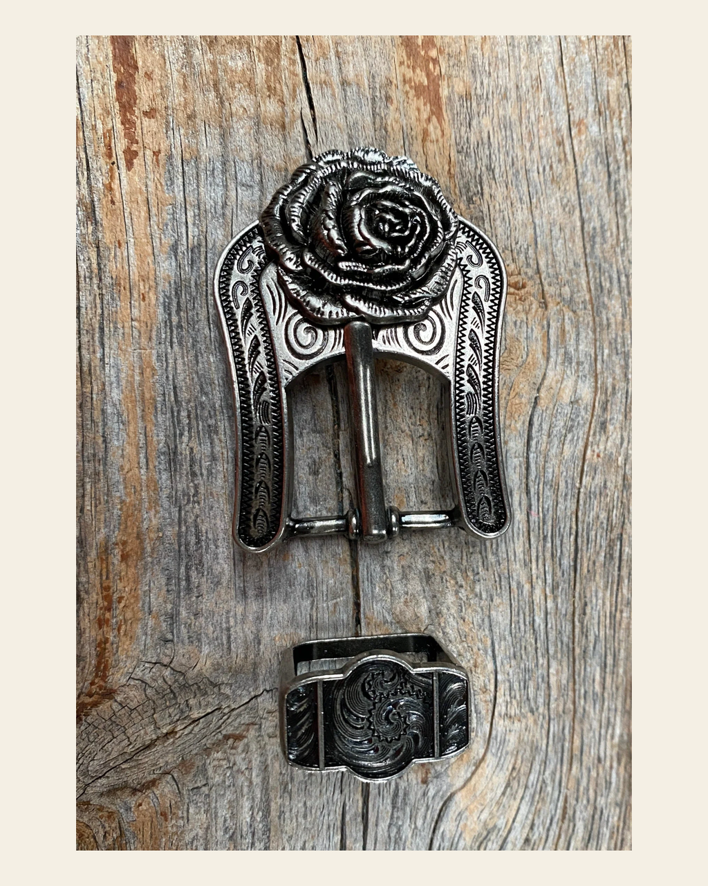 Antique Silver Rose Concho Buckle Adapter W108ASBA on a warm cream background
