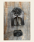 Antique Silver Rose Concho Buckle Adapter W108ASBA on a warm cream background