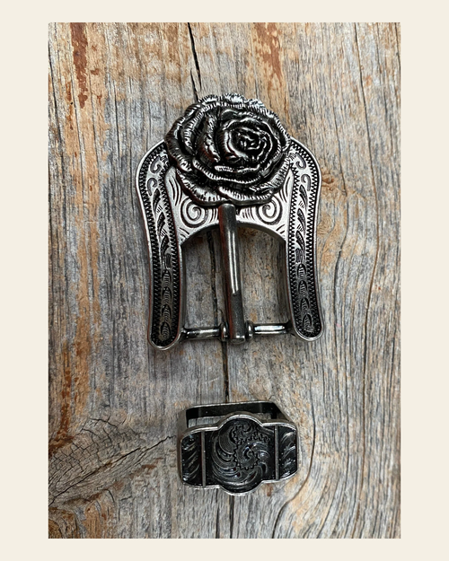 Antique Silver Rose Concho Buckle Adapter W108ASBA on a warm cream background