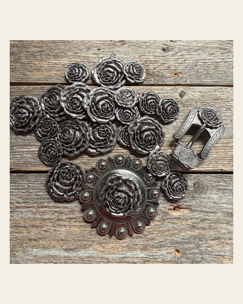 Antique Silver Rose Western Concho W108 on a warm cream background