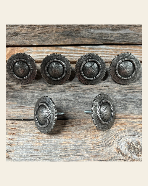 Antique Silver Round Concho Saddle Set SSW102 on a warm cream background