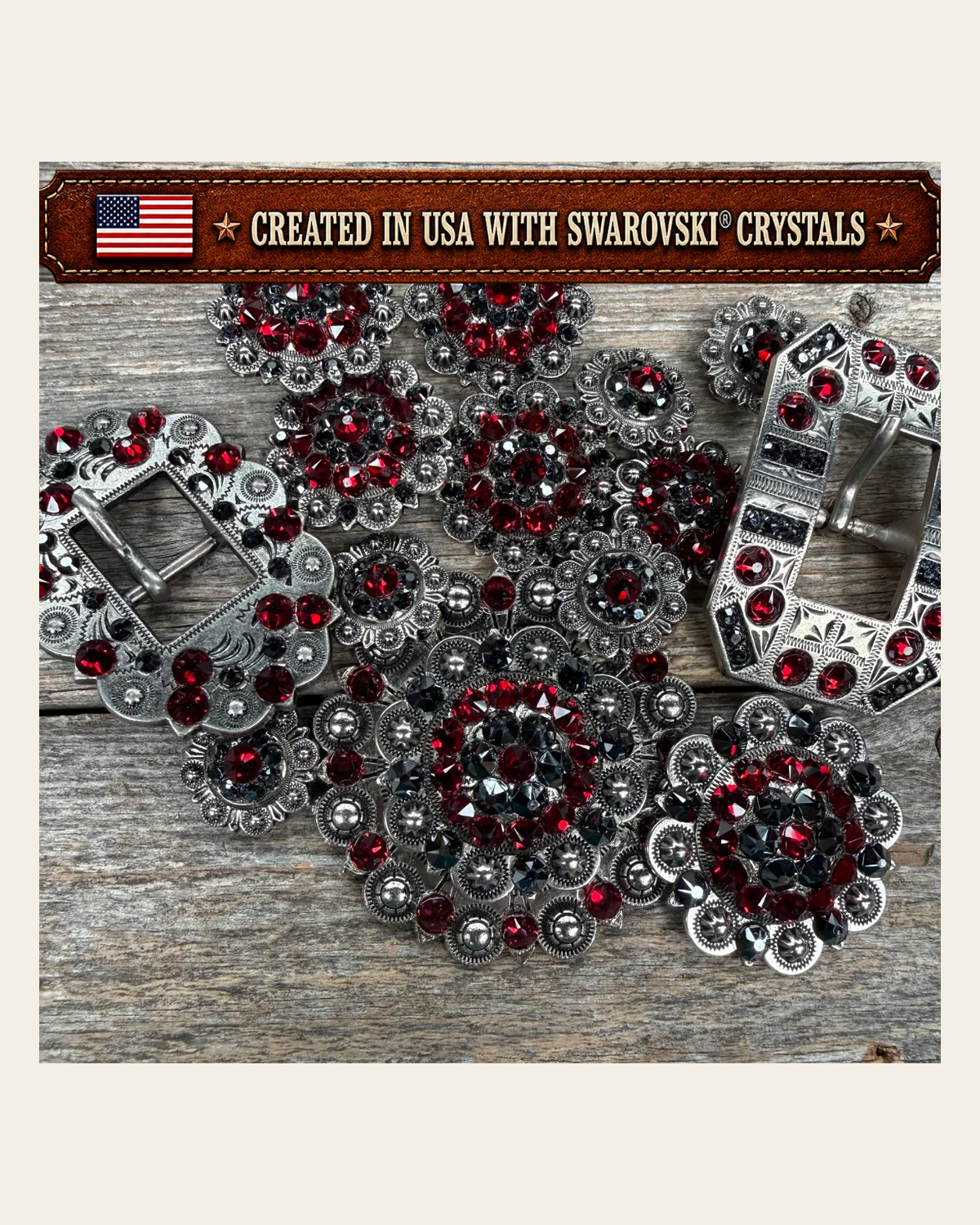 Antique Silver Ruby - Jet Crystal Conchos | Sizes 1"- 3" | Buckles | Saddle Set | Leather Rosettes | Slide on a warm cream background