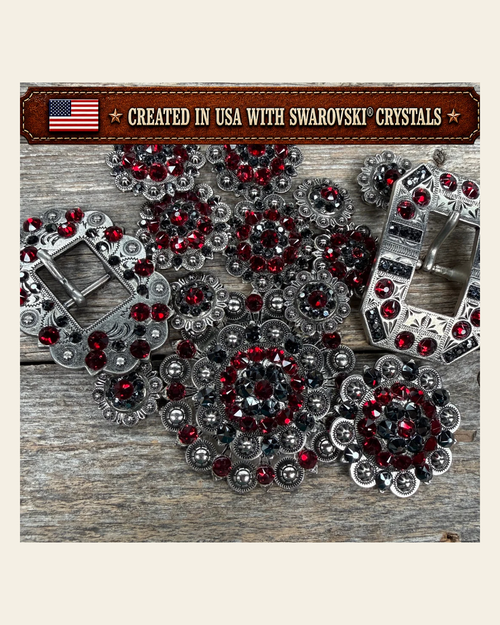 Antique Silver Ruby - Jet Crystal Conchos | Sizes 1"- 3" | Buckles | Saddle Set | Leather Rosettes | Slide on a warm cream background