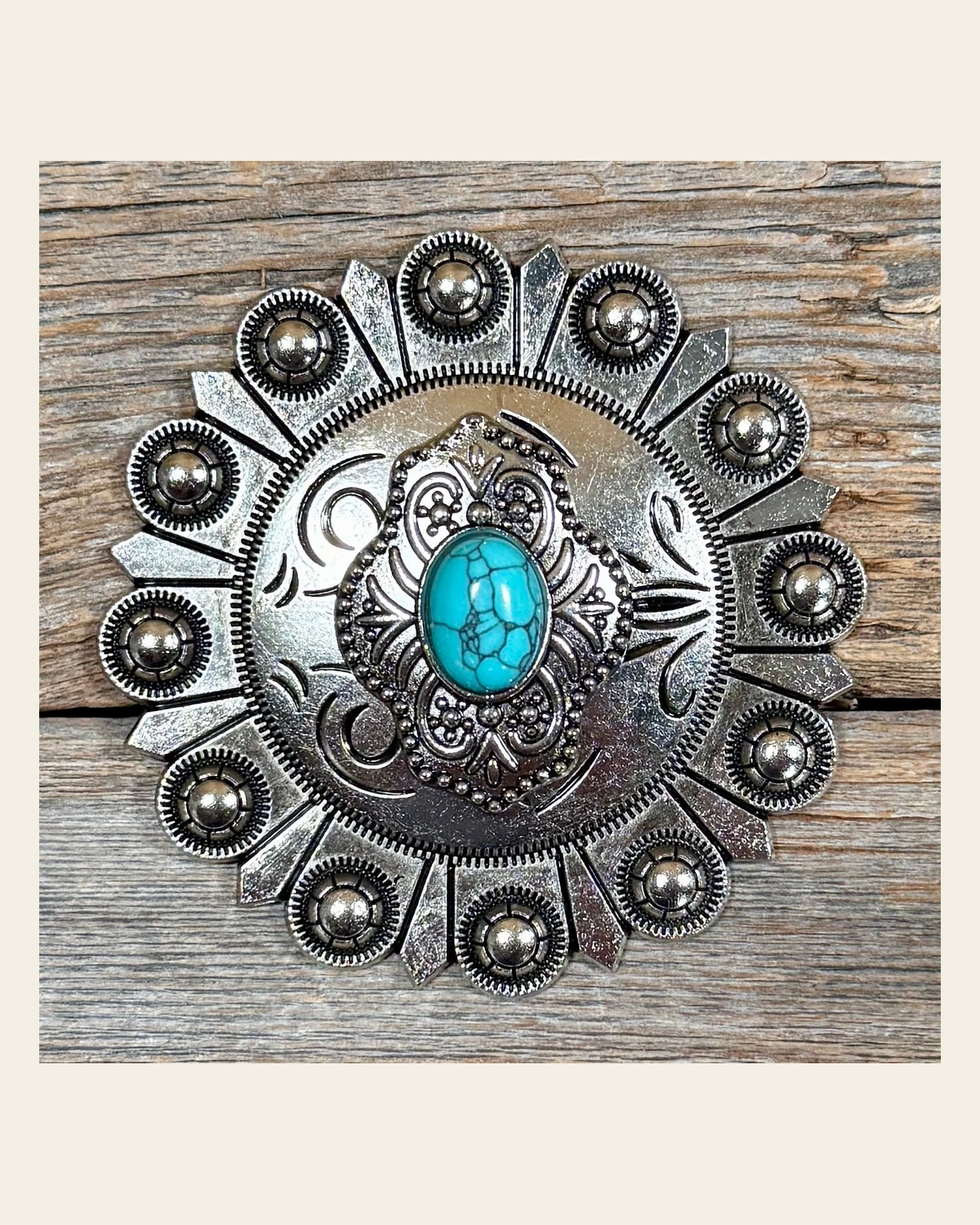 Antique Silver Shield with Turquoise Stone Berry Jacket #BJW252L on a warm cream background