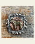 Antique Silver Square Concho with Gold Horse 1.5" W186L on a warm cream background