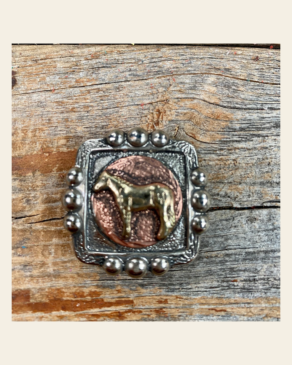 Antique Silver Square Concho with Gold Horse 1" W186S on a warm cream background