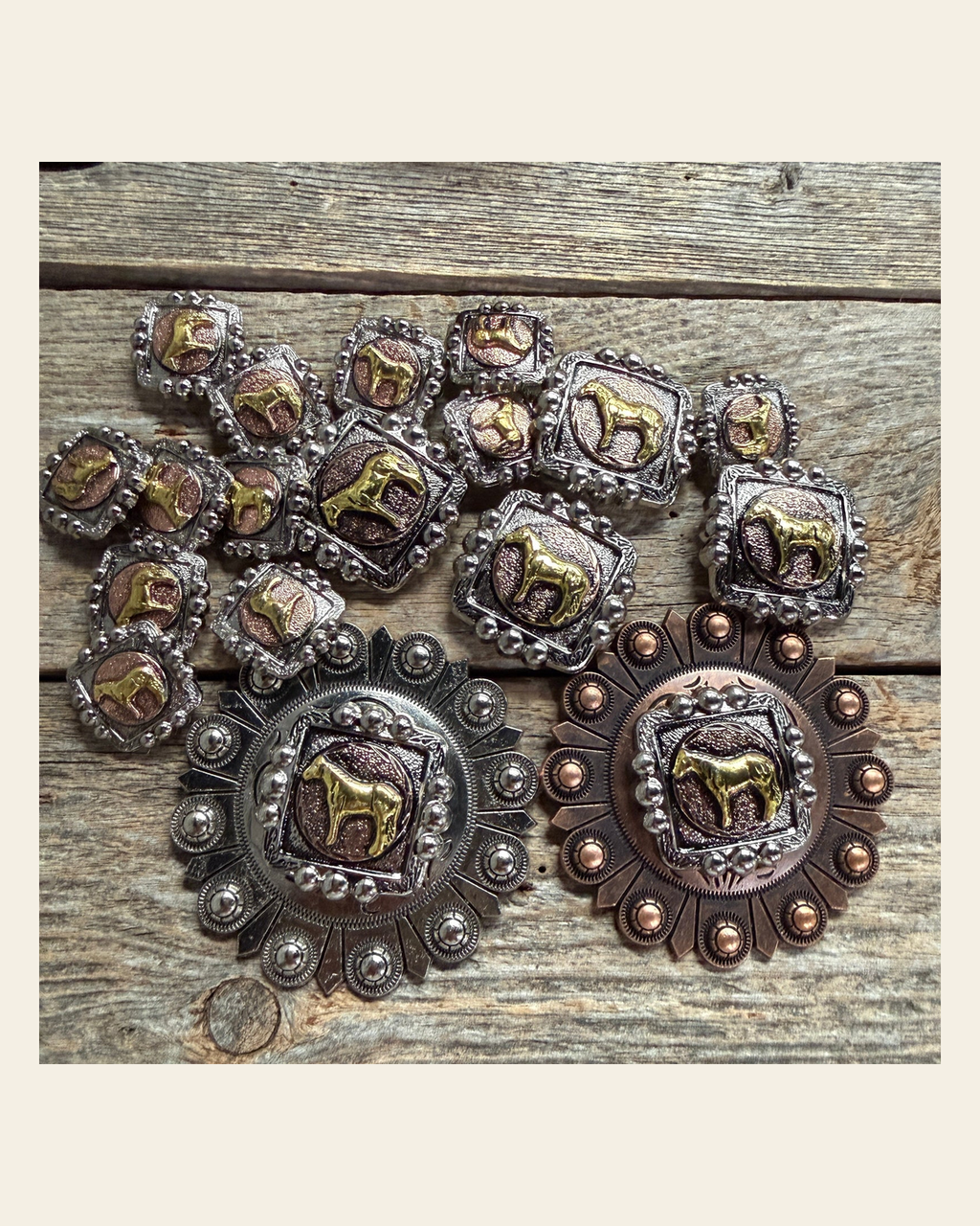 Antique Silver Square Concho with Gold Horse Western Concho W186 on a warm cream background