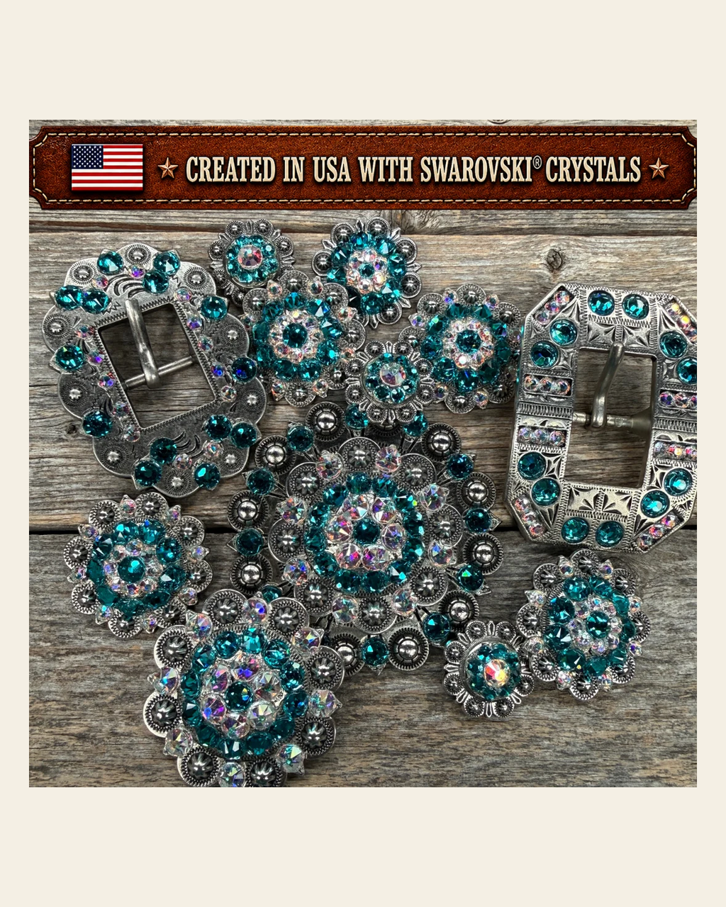 Antique Silver Teal - AB Crystal Conchos | Sizes 1"- 3" | Buckles | Saddle Set | Leather Rosettes | Slide on a warm cream background