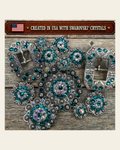 Antique Silver Teal - AB Crystal Conchos | Sizes 1"- 3" | Buckles | Saddle Set | Leather Rosettes | Slide on a warm cream background