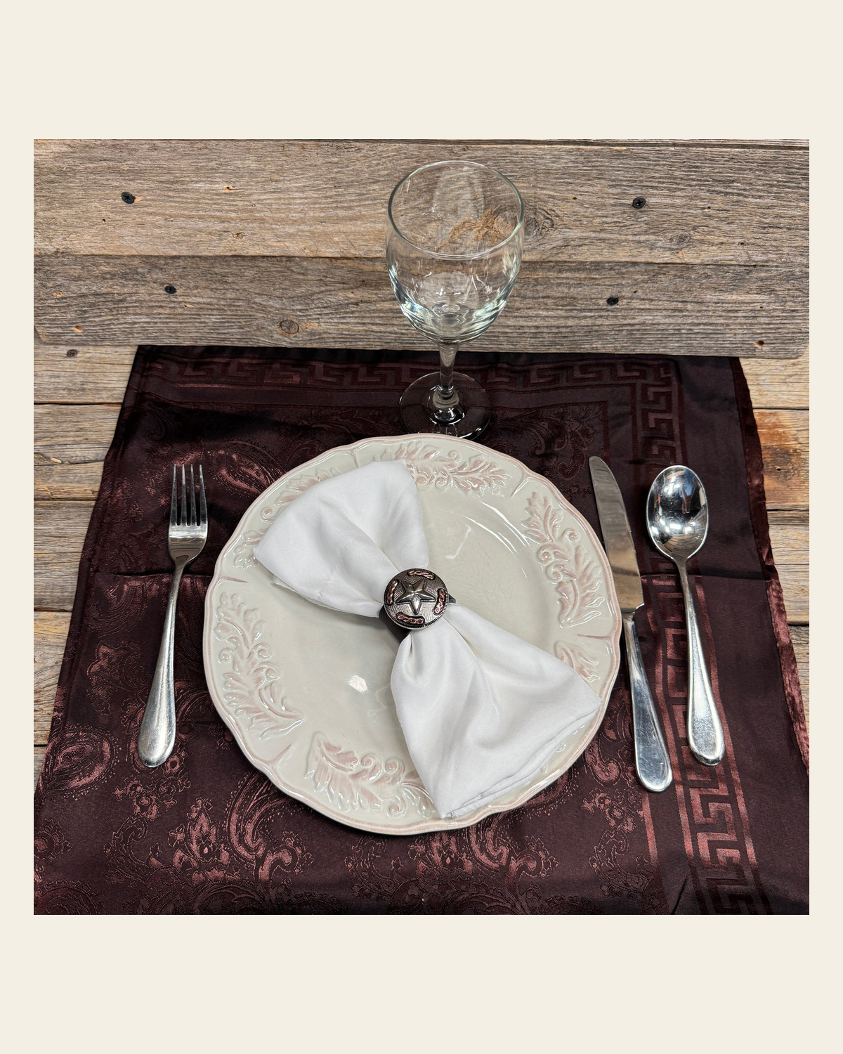 Antique Silver Texas Star Western Concho Napkin Ring #CNR112 on a warm cream background
