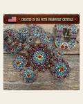 Antique Silver Tie Dye Crystal Conchos | Sizes 1"- 3" | Buckles | Saddle Set | Leather Rosettes | Slide on a warm cream background