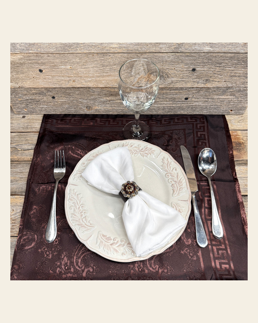 Antique Silver Topaz/Champagne Crystal Concho Napkin Ring #CNR101 on a warm cream background