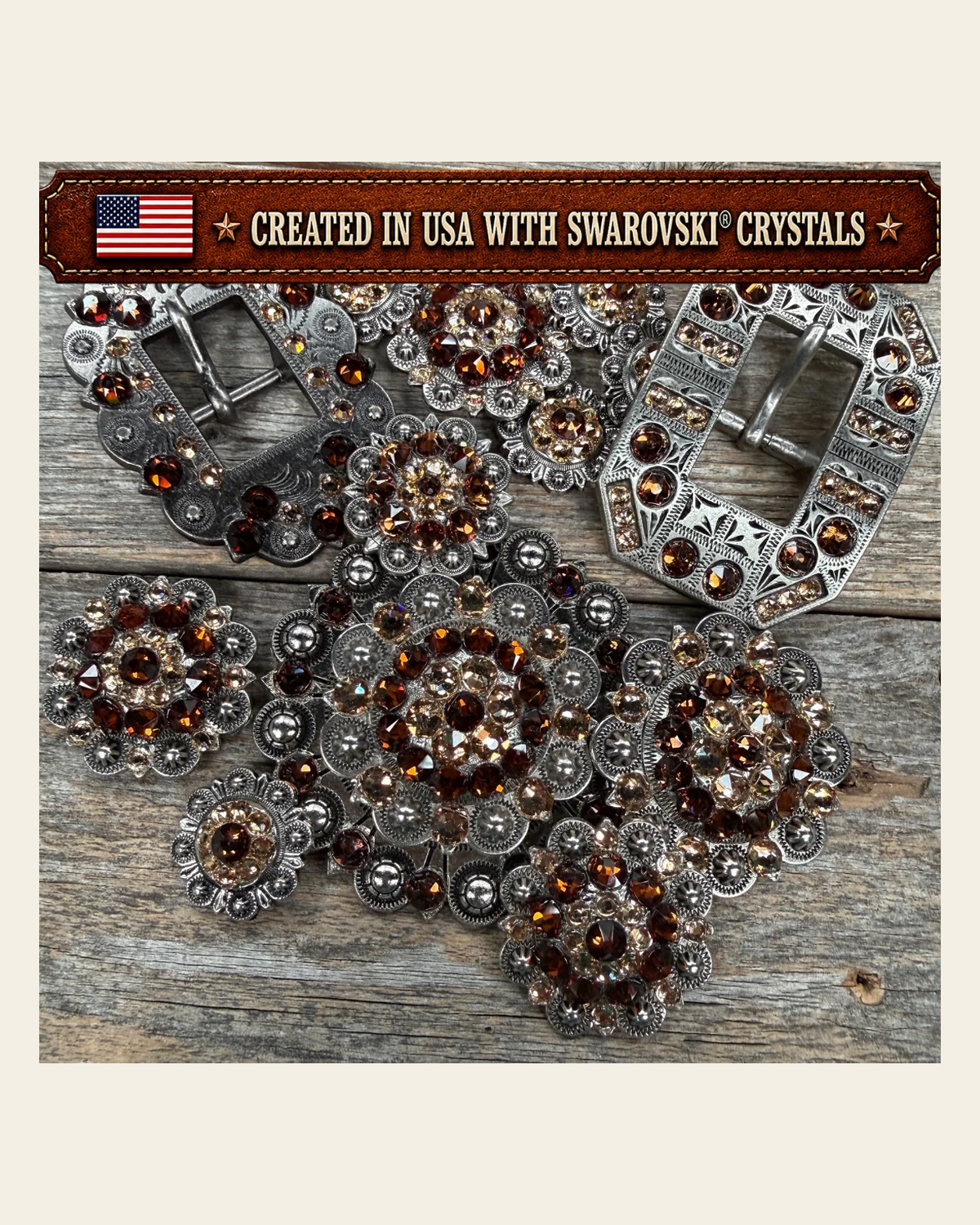 Antique Silver Topaz - Champagne Crystal Conchos | Sizes 1"- 3" | Buckles | Saddle Set | Leather Rosettes | Slide on a warm cream background