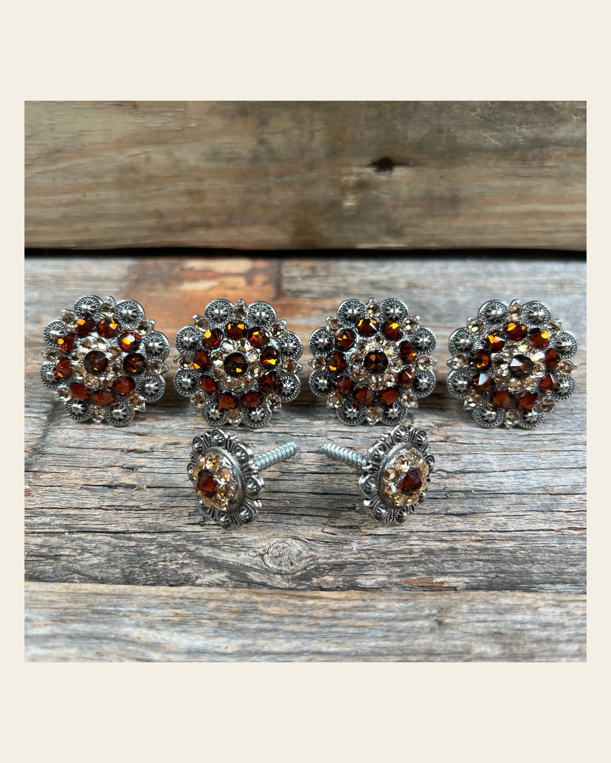 Antique Silver Topaz & Champagne Saddle Conchos on a warm cream background