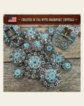 Antique Silver Turquoise - AB Crystal Conchos | Sizes 1"- 3" | Buckles | Saddle Set | Leather Rosettes | Slide on a warm cream background