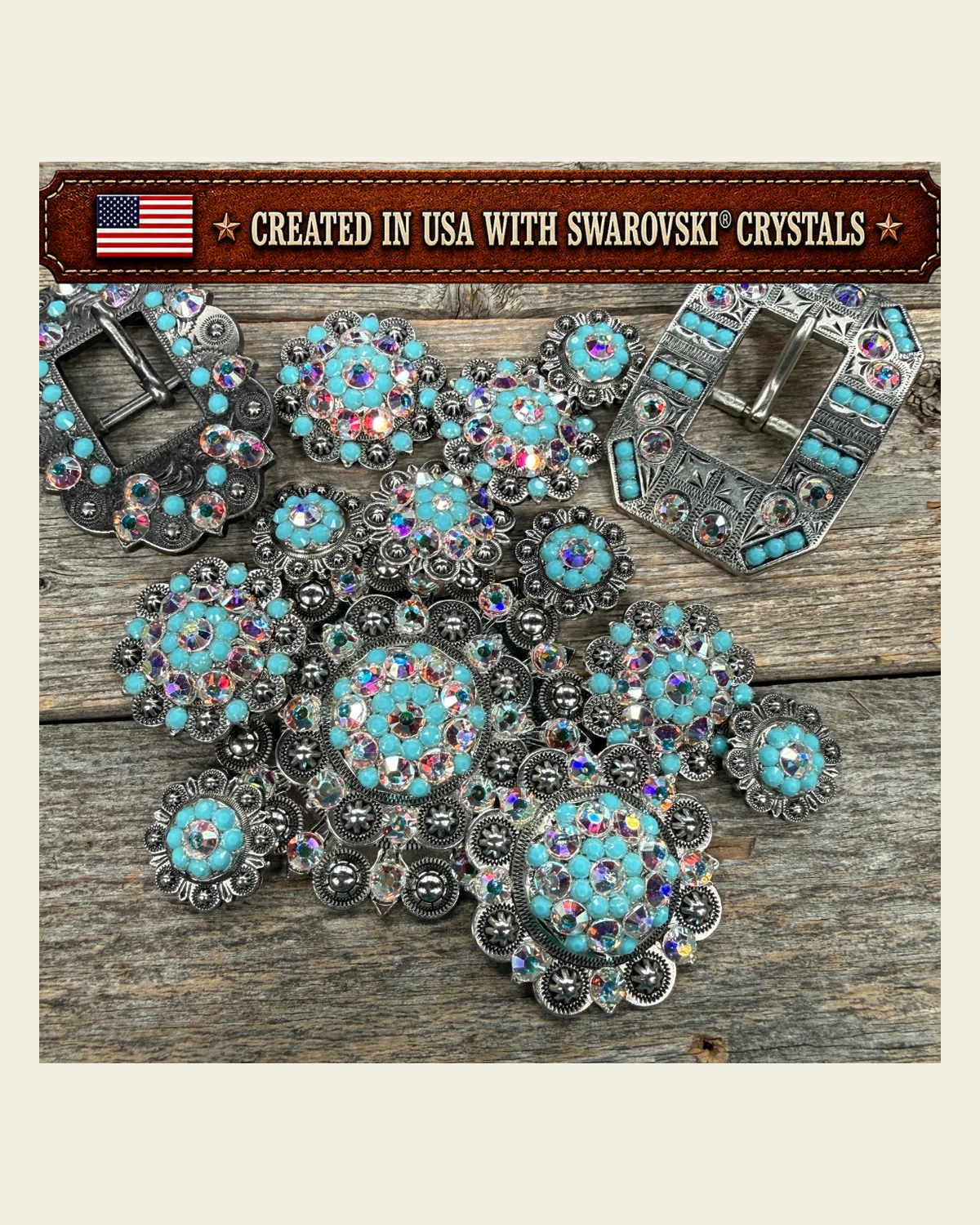 Antique Silver Turquoise - AB Crystal Conchos | Sizes 1"- 3" | Buckles | Saddle Set | Leather Rosettes | Slide on a warm cream background