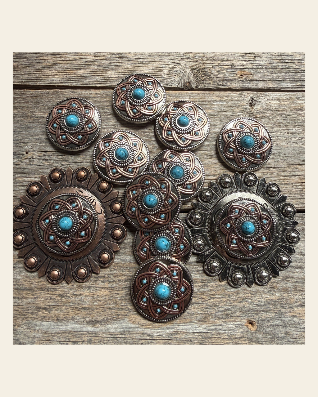 Antique Silver Turquoise and Copper Flower W257 on a warm cream background