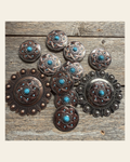 Antique Silver Turquoise and Copper Flower W257 on a warm cream background