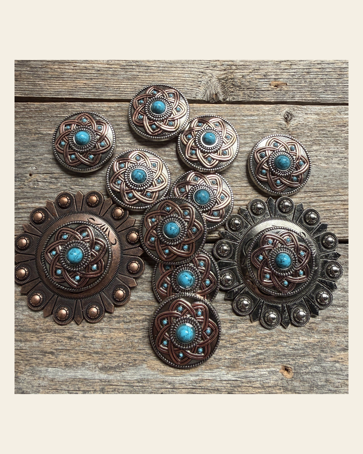 Antique Silver Turquoise and Copper Flower W257 on a warm cream background