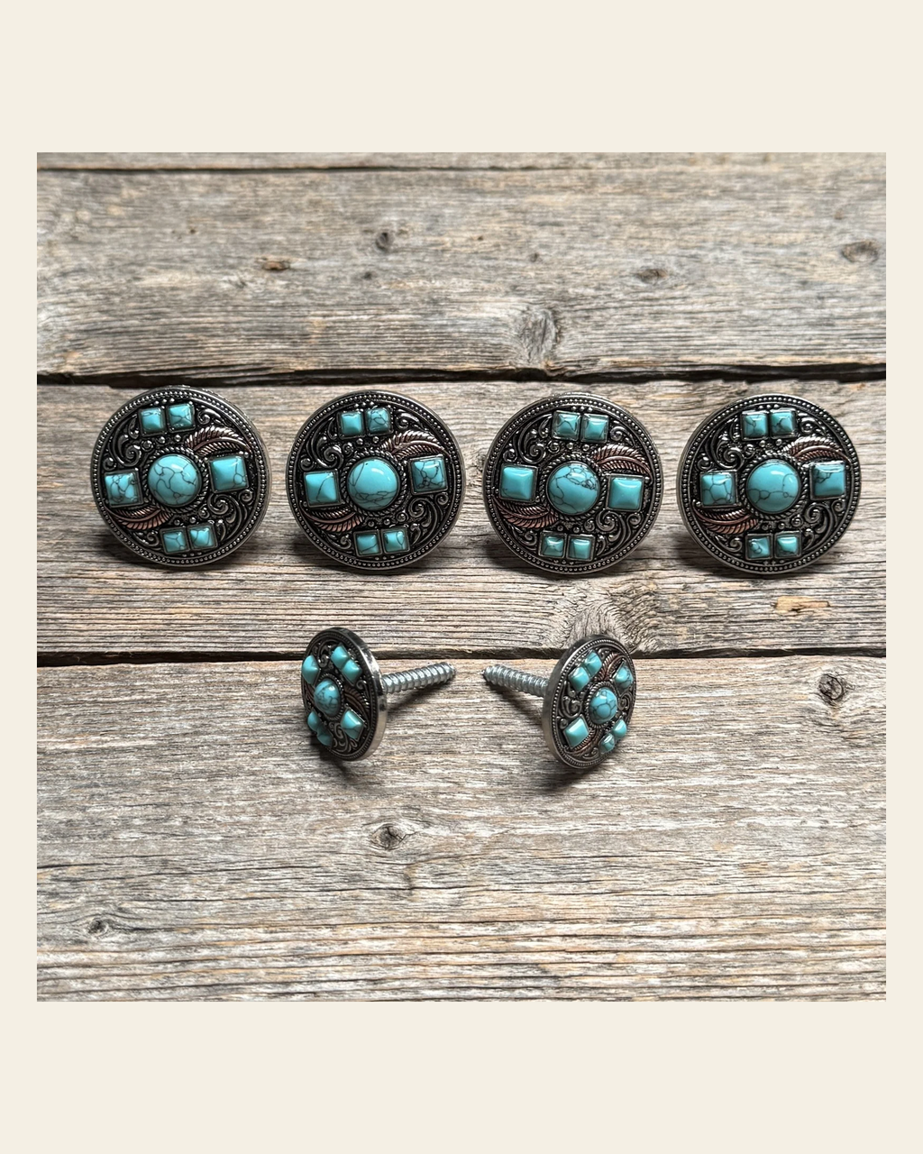 Antique Silver Turquoise and Feather Saddle Set SSW251 on a warm cream background