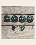 Antique Silver Turquoise and Feather Saddle Set SSW251 on a warm cream background