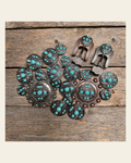 Antique Silver Turquoise and Feather Western Concho W251 on a warm cream background