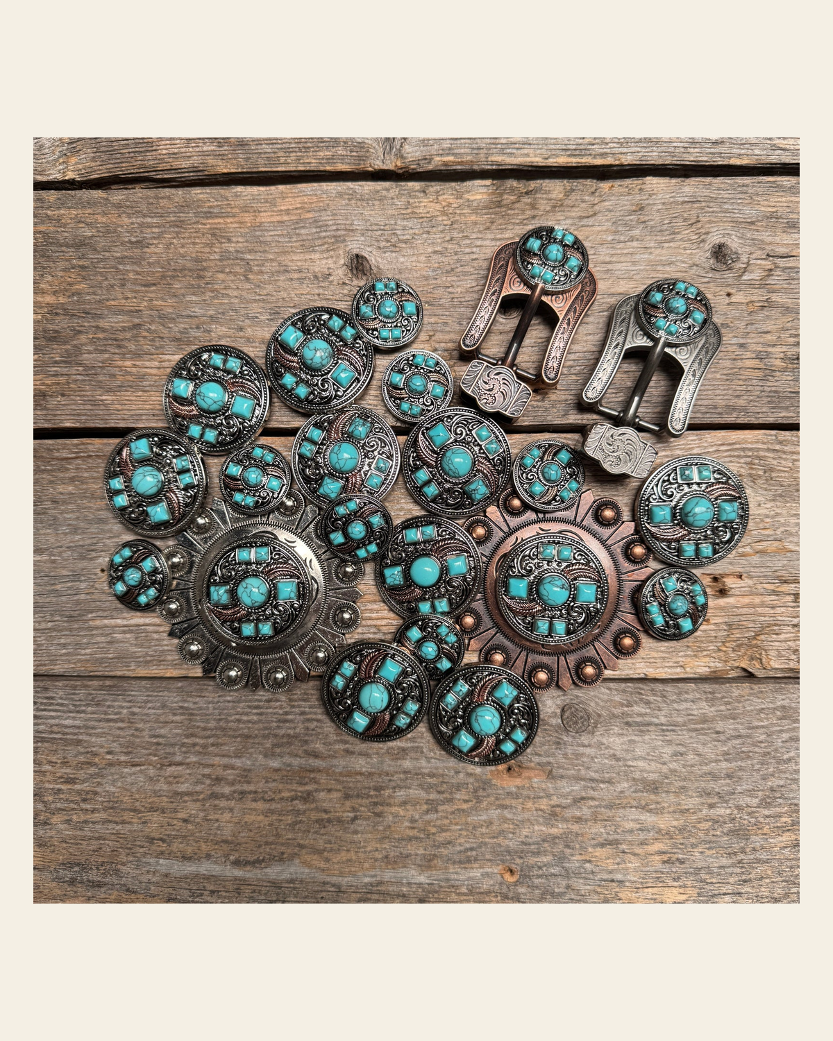 Antique Silver Turquoise and Feather Western Concho W251 on a warm cream background
