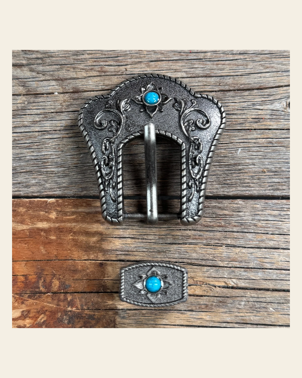 Antique Silver Turquoise Buckle & Keeper W240B on a warm cream background