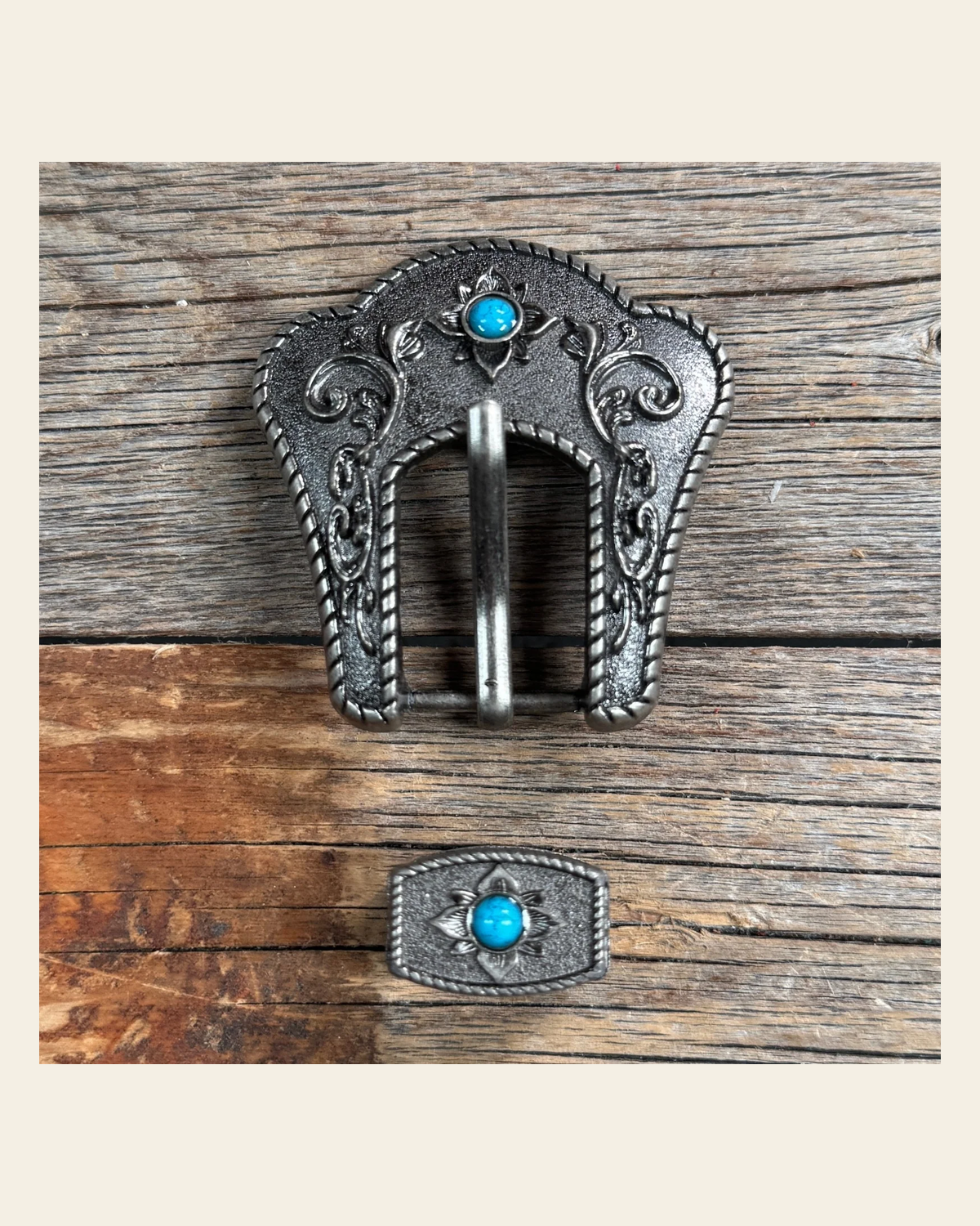 Antique Silver Turquoise Buckle & Keeper W240B on a warm cream background