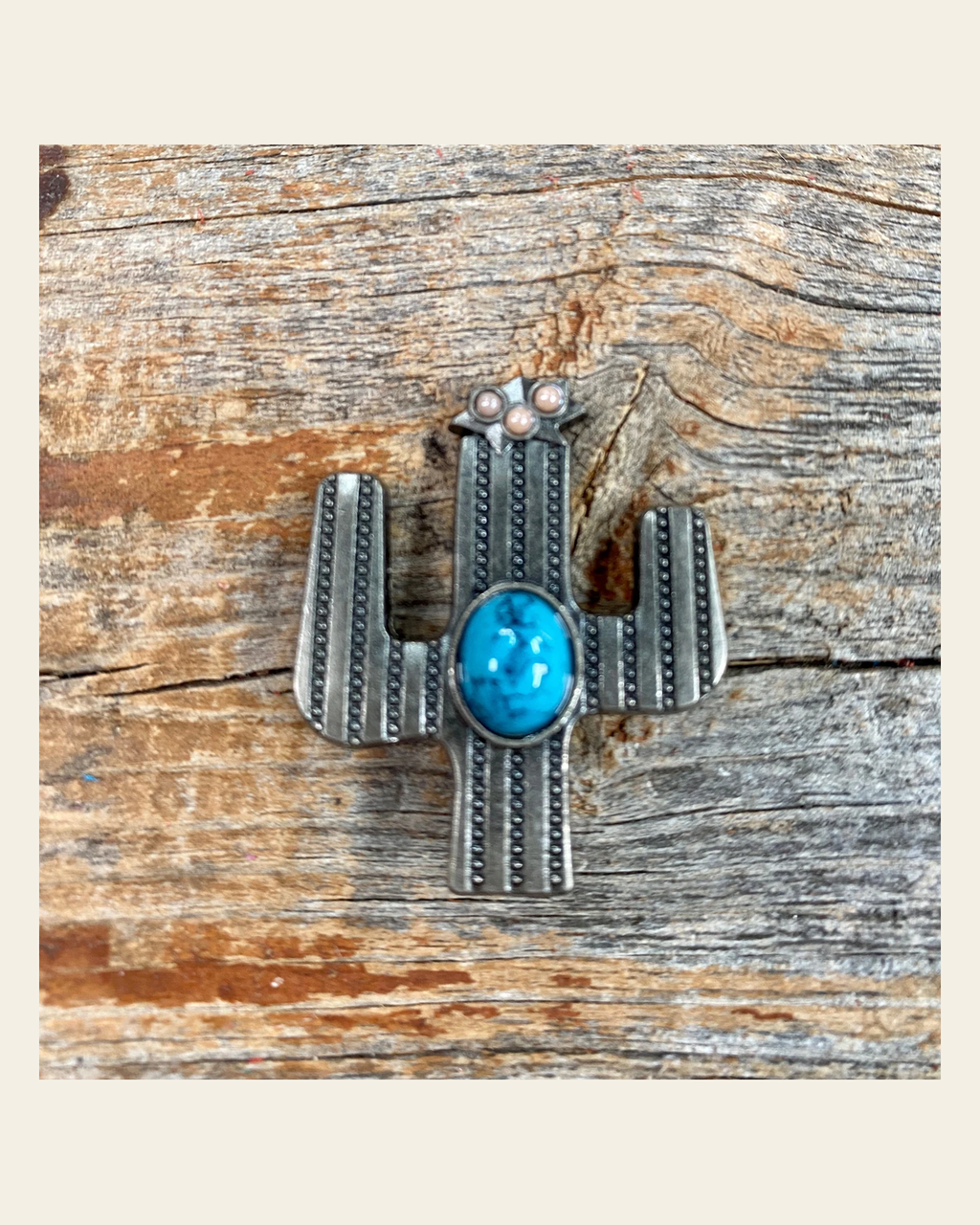 Antique Silver Turquoise Cactus Concho 1.25" W178L on a warm cream background