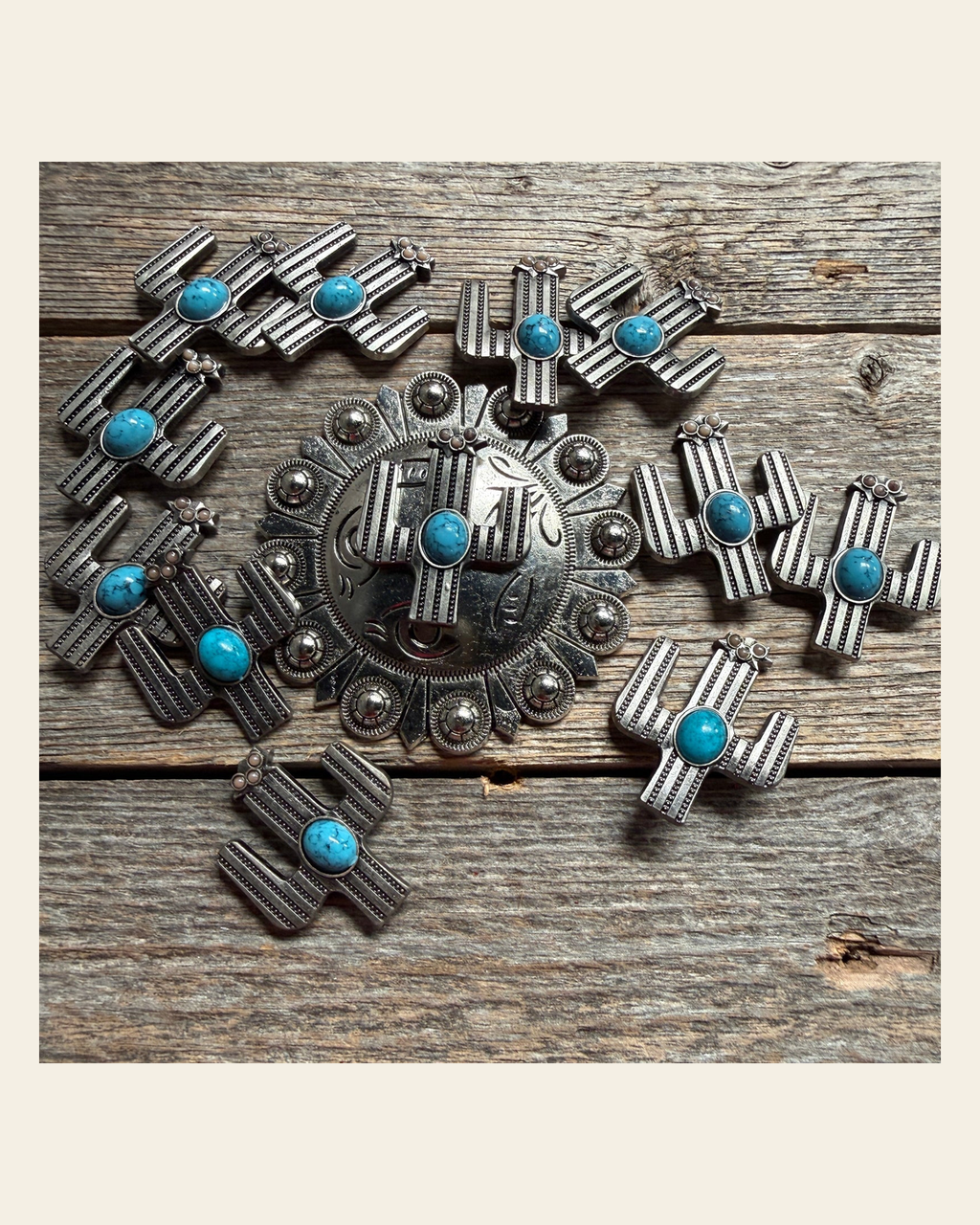 Antique Silver Turquoise Cactus Concho W178 on a warm cream background