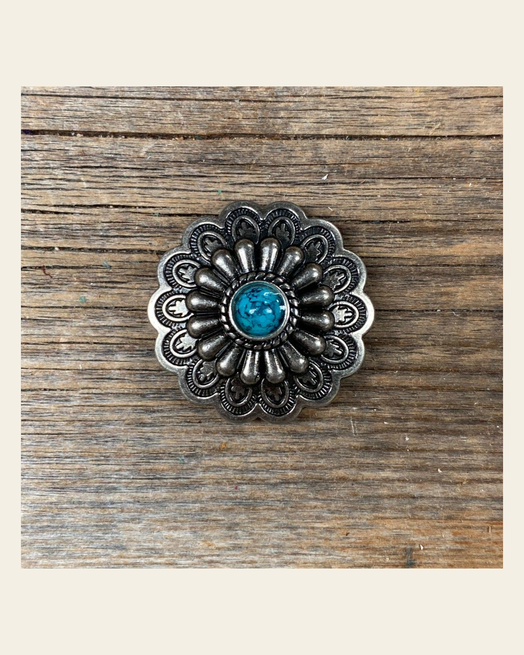 Antique Silver Turquoise Concho 1" W203S on a warm cream background