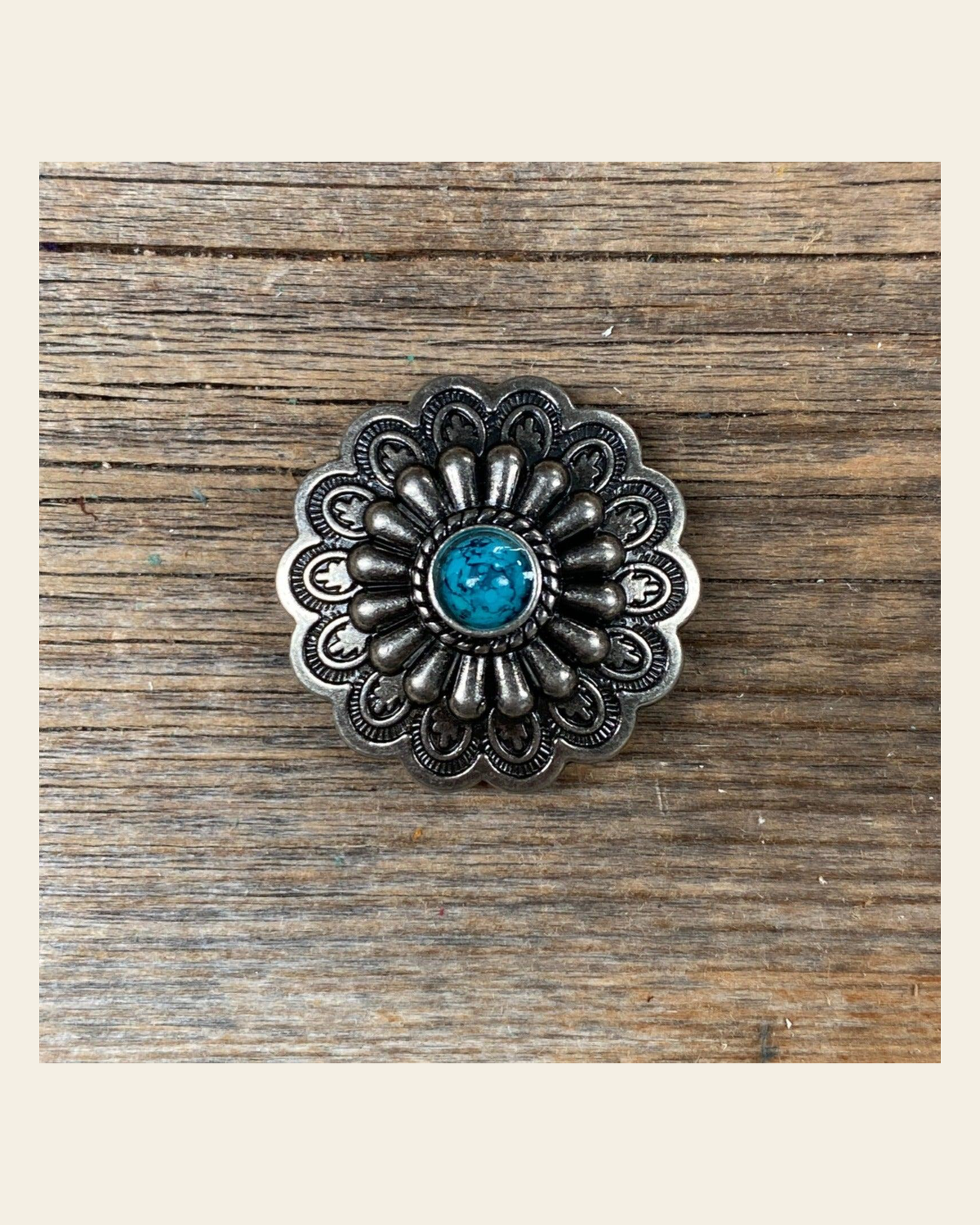 Antique Silver Turquoise Concho 1" W203S on a warm cream background