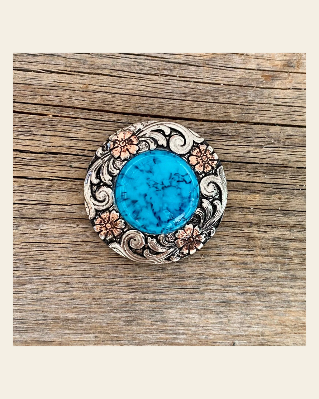 Antique Silver Turquoise Copper Floral Western Concho 1.25" W222L on a warm cream background