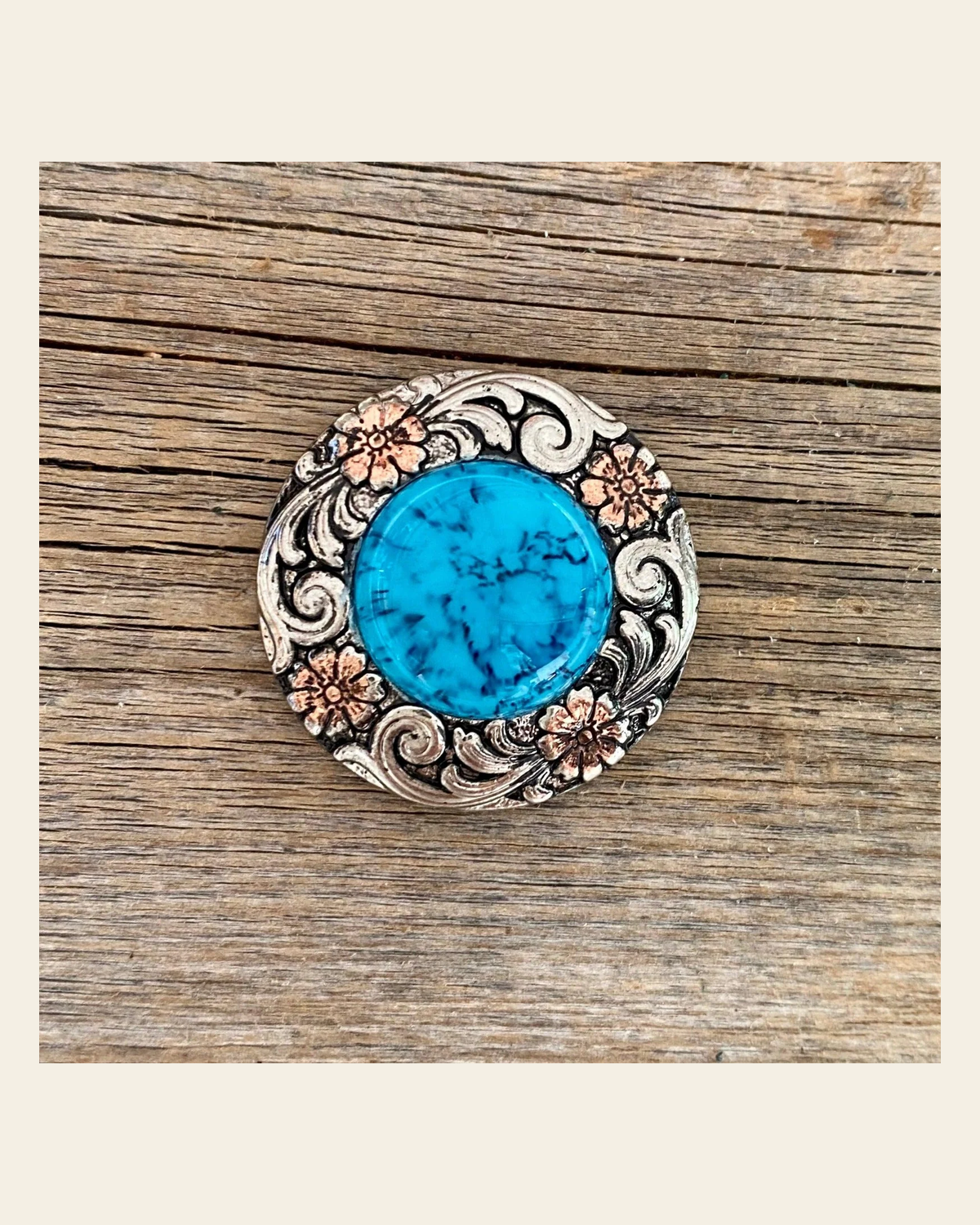 Antique Silver Turquoise Copper Floral Western Concho 1.25" W222L on a warm cream background