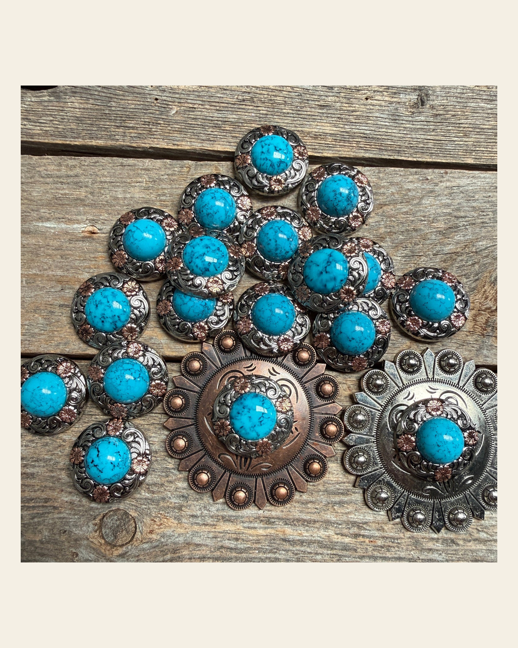 Antique Silver Turquoise Copper Floral Western Concho W222 on a warm cream background