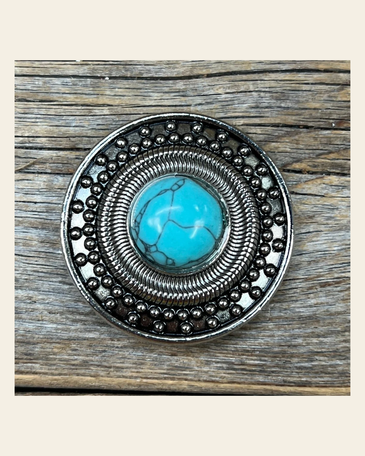 Antique Silver Turquoise Dot Concho 1.5" W232L on a warm cream background
