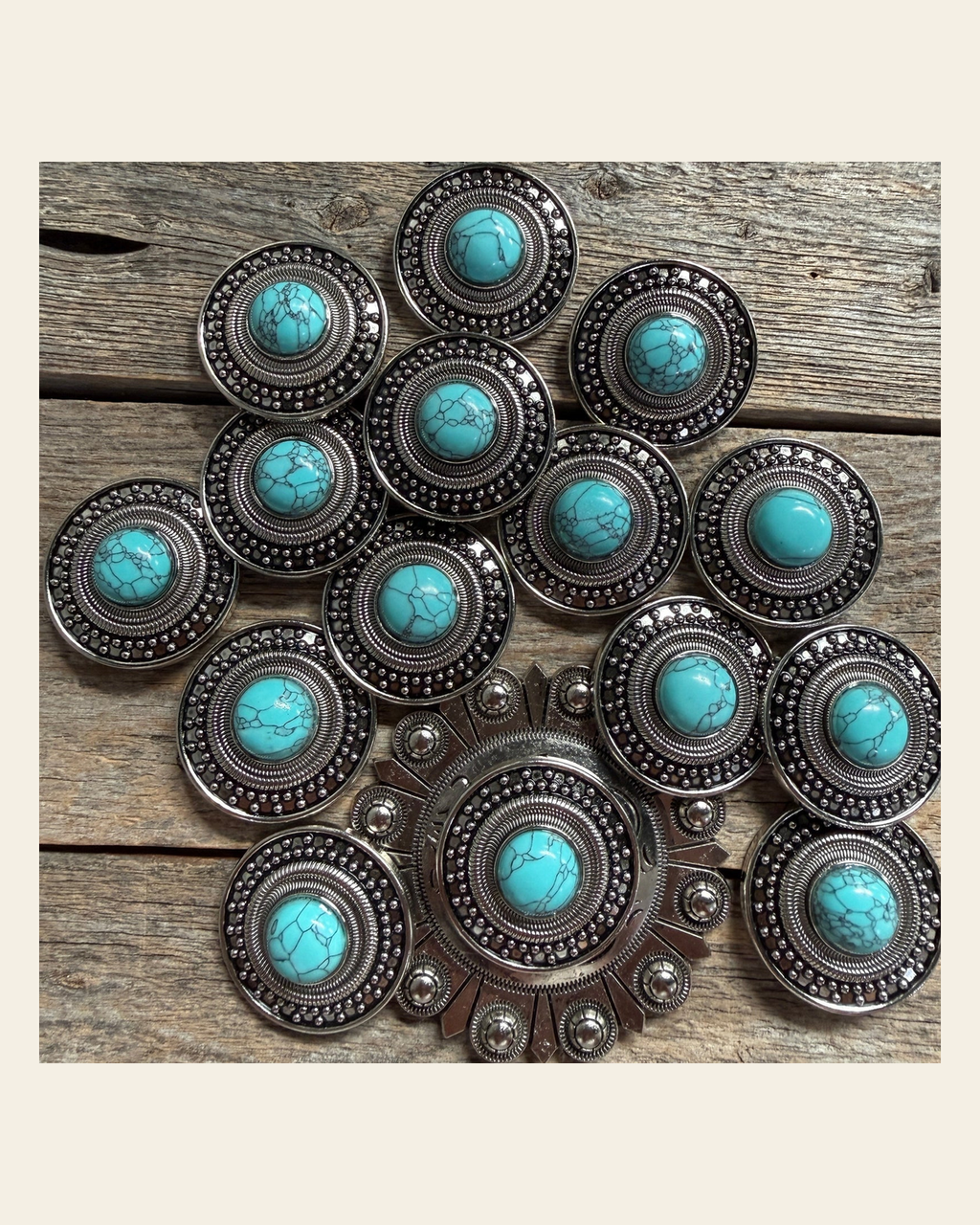 Antique Silver Turquoise Dot Western Concho W232 on a warm cream background