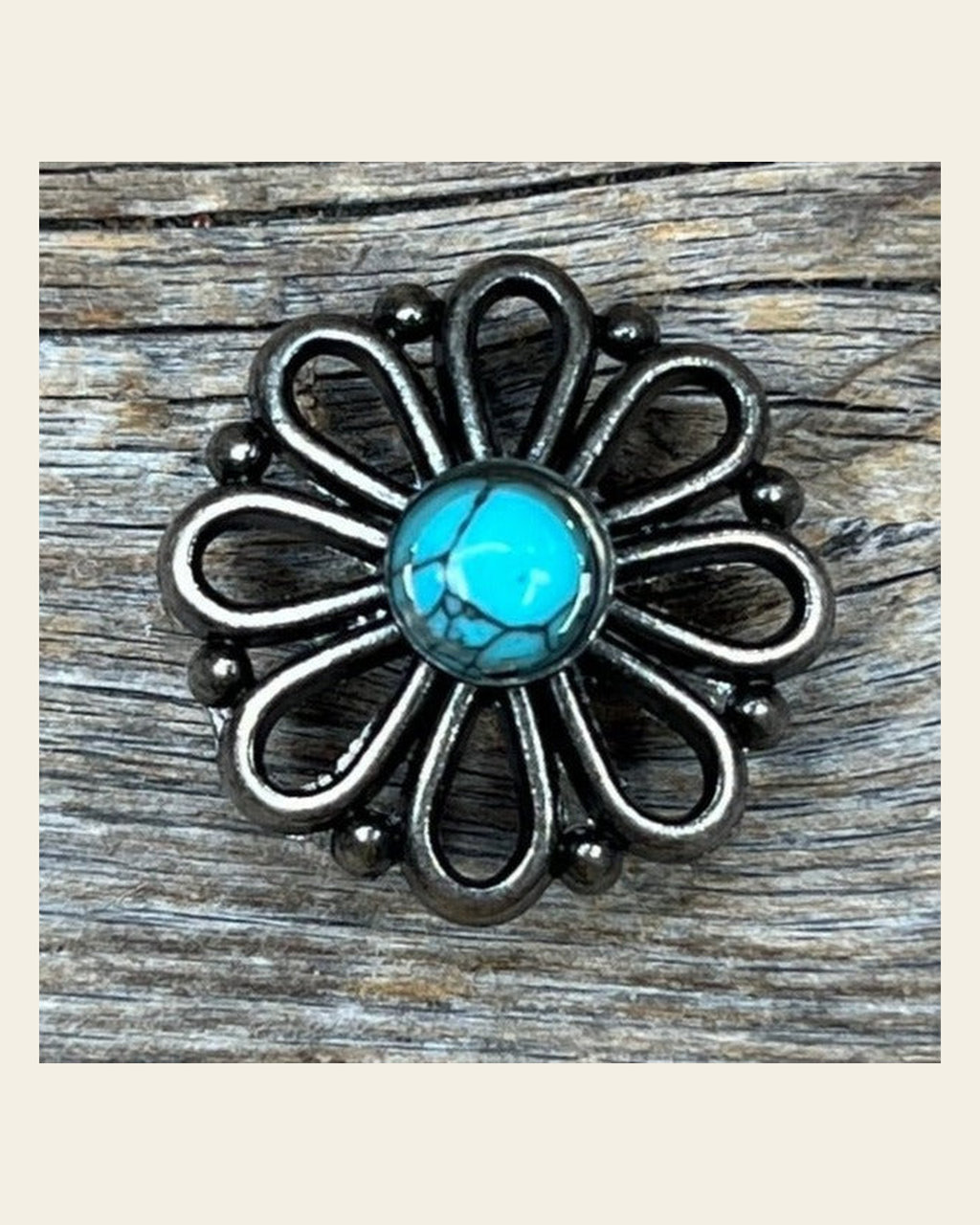 Antique Silver Turquoise Flower Concho 1.5" W231L on a warm cream background