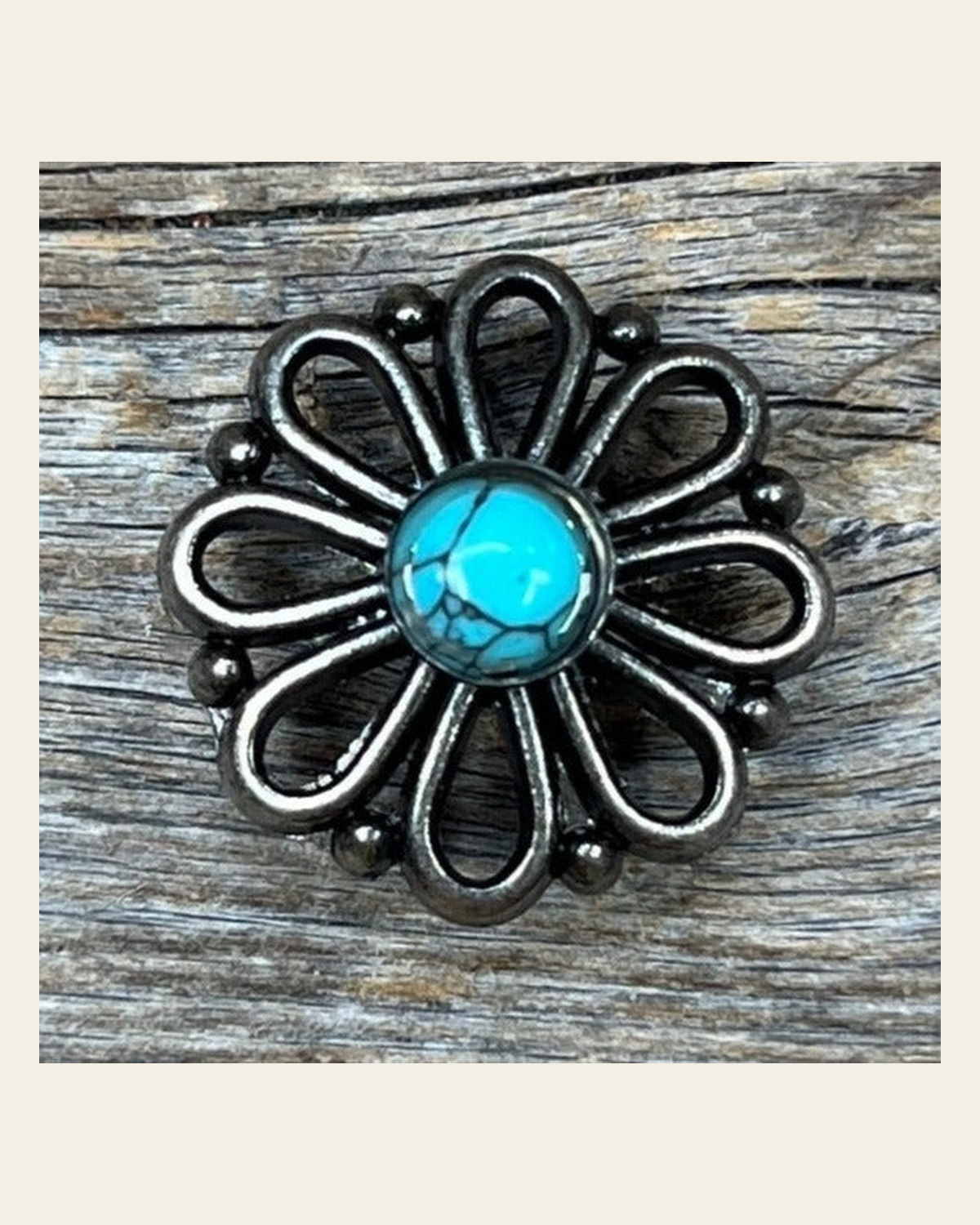 Antique Silver Turquoise Flower Concho 1.5" W231L on a warm cream background