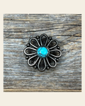 Antique Silver Turquoise Flower Concho 1" W231S on a warm cream background