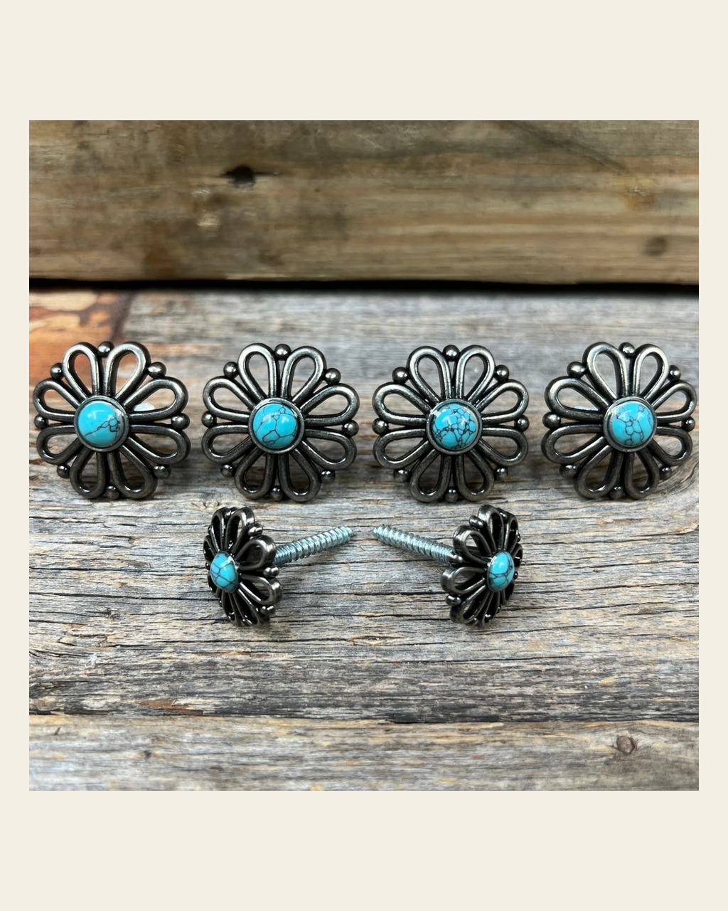 Antique Silver Turquoise Flower Saddle Set SSW231 on a warm cream background