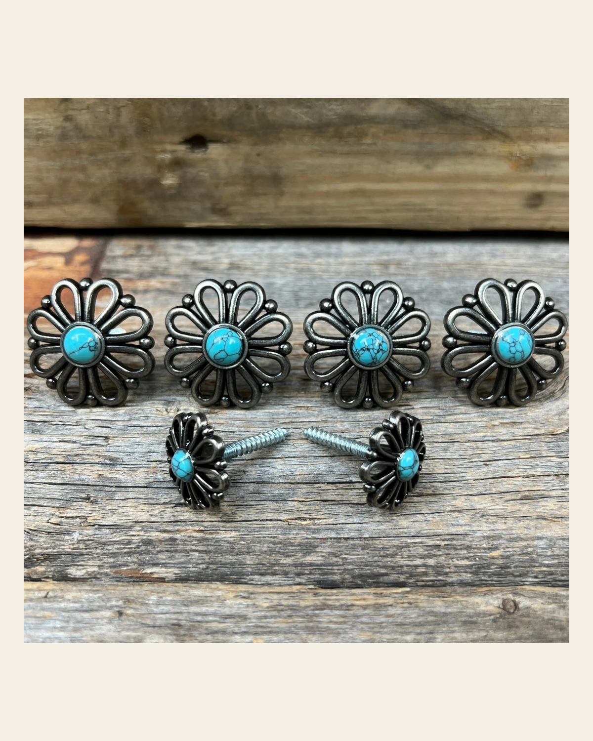 Antique Silver Turquoise Flower Saddle Set SSW231 on a warm cream background