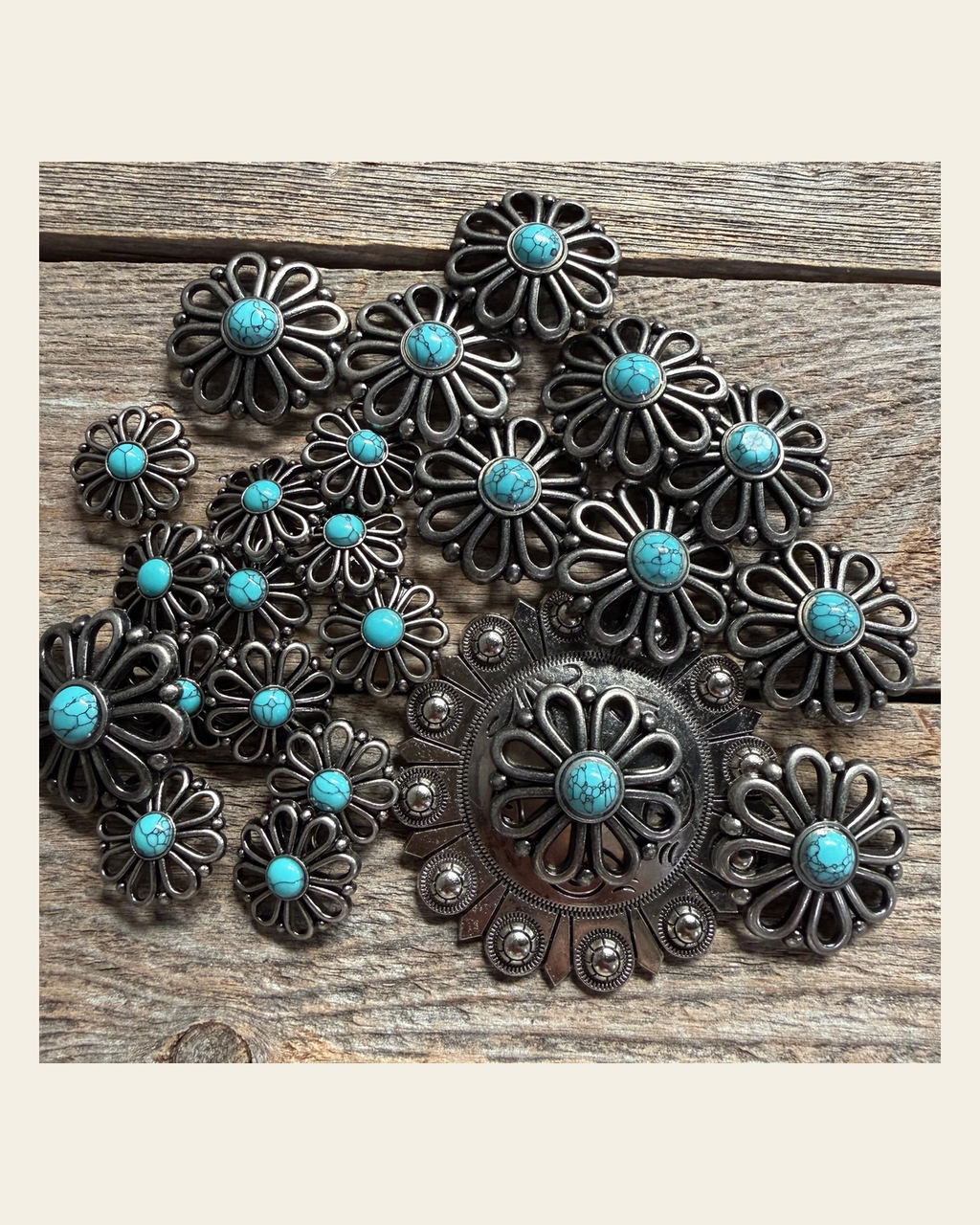 Antique Silver Turquoise Flower Western Concho W231 on a warm cream background