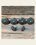Antique Silver Turquoise Saddle Set SSW203 on a warm cream background
